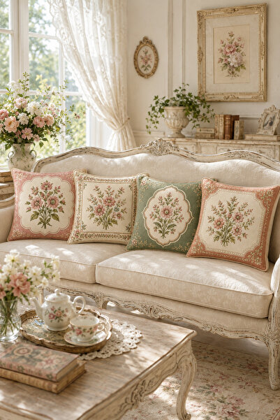 ayshome textile Ays Home Vintage Desenli Üst kalite 4'Lü Kırlent Kılıfı Seti Yatak Odası Salon (43x43)