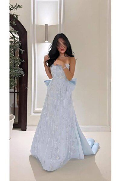 MILANORA Ice Blue Sheer Illusion Evening Gown with Shiny Sequins and Luxuriou...