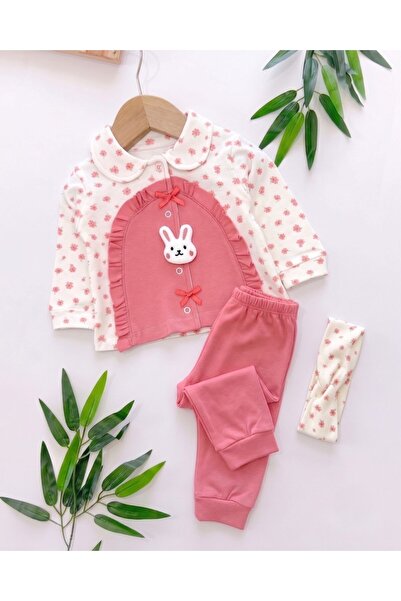 VOY KİDS Baby Girl Floral Printed Rabbit Bandana 3-Piece Newborn 0-3 Months 1...