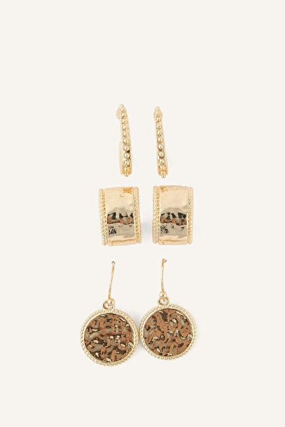 DeFacto Women's 3-Piece Textured Hoop and Dangle Earring Set I4269Axns