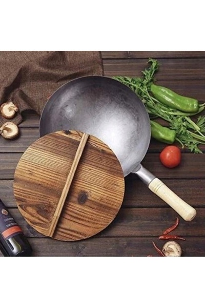 NO BRAND Tigaie WOK CHINEZĂ DIN OȚEL FORJAT CU MÂNER DIN LEMN 14 " XL 35cm