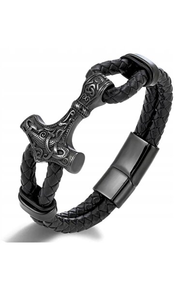 NO BRAND Brățară vikingă din piele neagră cu ciocanul lui Thor