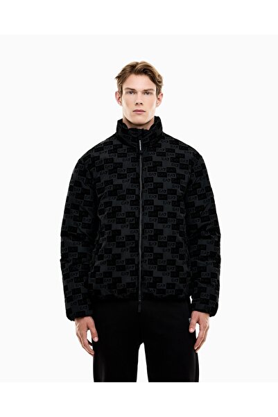 EA7 Men's Logo Print Patterned Stand Collar Zippered Long Sleeve Black Jacket