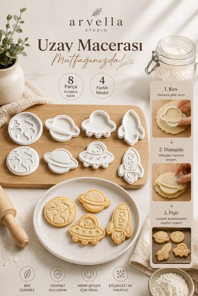 Arvella Studio Space Themed 8 Piece Cookie Mold Set |   4 Different Model Cutting and Stamping Dies |   Dough Mold - Space