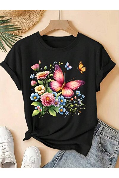 25W Plus Size - Butterfly And Colorful Floral Print Short-Sleeve Vintage Roun...