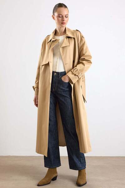 Olcay Oversized Trench Coat with Buckle Accessories and Water-Repellent Featu...