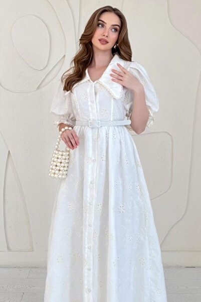 Generic Brand Beige Baby Collar Balloon Sleeve Detailed Embroidered Dress