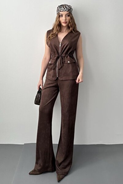 Generic Brand Brown Suede Vest and Pants Set