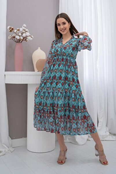 ELBEE Mint Patterned Chiffon Dress