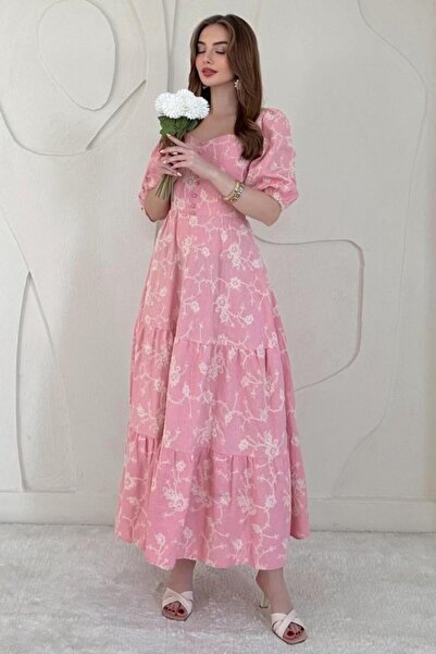 Generic Brand Pink Balloon Sleeve Embroidered Dress