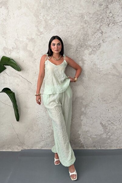Generic Brand Oil Green Halter Neck Blouse and Pants Set
