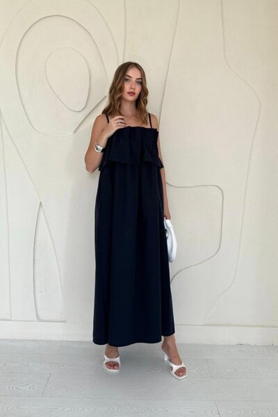 ELBEE Navy Blue Spaghetti Neck Pleated Front Dress