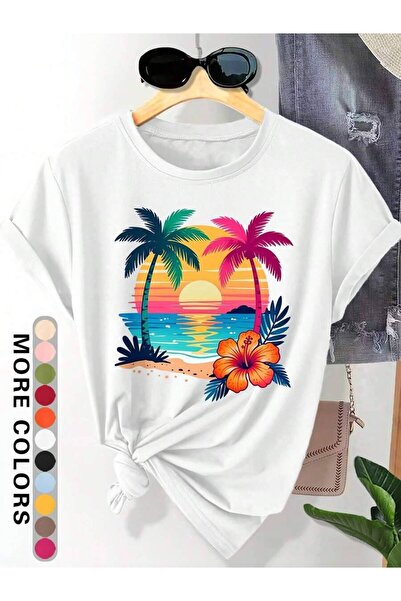 4CR Plus Size- Women'S Elegant Short Sleeve Sunset Coconut Tree Hibiscus Flow...