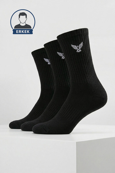 Erkek Pamuklu Uzun Spor Çorap - Siyah - 4/4 Full Boy - İkon İşlemeli - 3'lü Paket