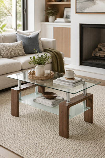 Sinyin 2-Tier Tempered Glass Coffee Table, Wooden Frame Living Room Centre Te...
