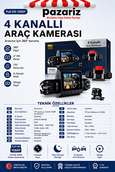 pazariz 4 Kameralı Araç Kamera Sistemi 1080P Full HD Dash Cam Ön Arka İç Kayıt 360° Güvenlik Gece Görüşü G-Sensör Park Modu ve Döngüsel Kayıt DVR Kamera Otomobil ve Ticari Araçlar İçin 12-24 Uyumlu