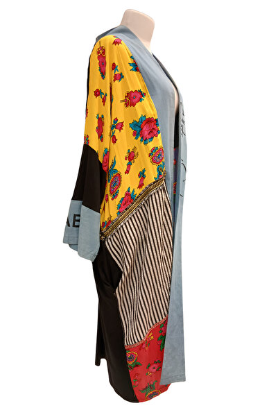 LA VELINA Women's Multicolor Patchwork Patterned Bohemian Long Kimono Cardigan with Text Detail