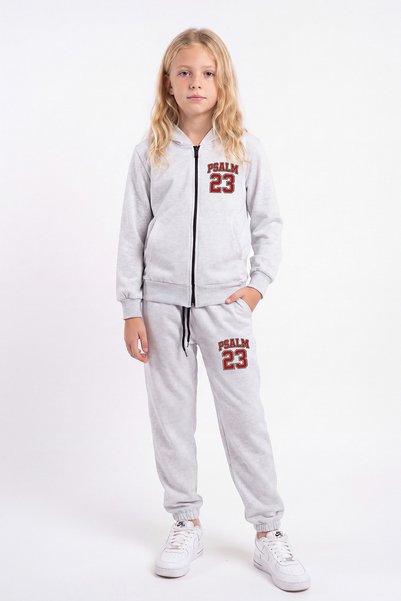 FYK COLLECTİON 3-Piece Girls' Printed Zippered Hooded Double Pocket Tracksuit Set