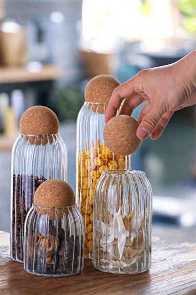 Hellomani Set of 4 Glass Jars with Cork Lids and Spice Rack Set with Striped ...