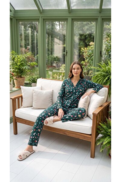 Mia Homewear KADIN HAKİ SÜET KUMAŞ YILBAŞI TEMALI ÖNDEN DÜĞMELİ UZUN KOLLU Pİ...