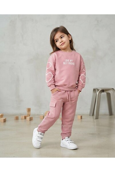 VOY KİDS Girl's Seasonal 2-Strand Heart Printed Top and Bottom Tracksuit Set ...