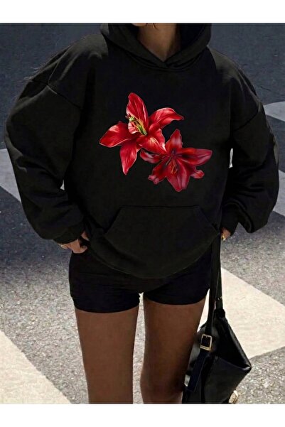LELVANİ SWEATSHIRT CU GLUGĂ PENTRU FEMEI, CU IMPRIMEU COLORAT CU FLORI DE LILIUM