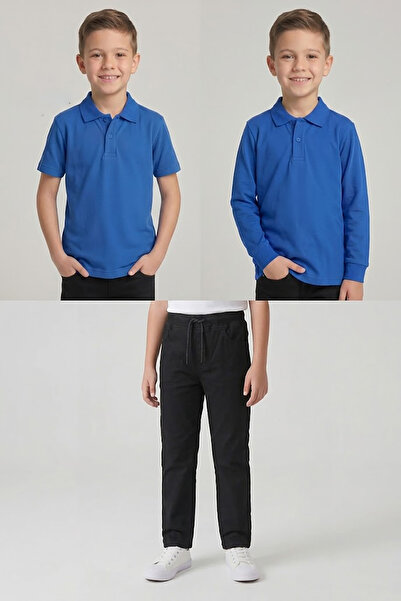 nacar çarşı Boys' School Saks Blue Long and Short Sleeve Polo Collar T-Shirt ...