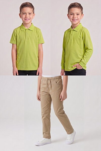 nacar çarşı Boys' School Pistachio Green Long and Short Sleeve Polo Collar T-...