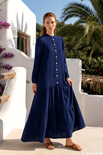 Merwishop Merwish Seashell Buttoned Organic Muslin Dress 1795 Navy Blue