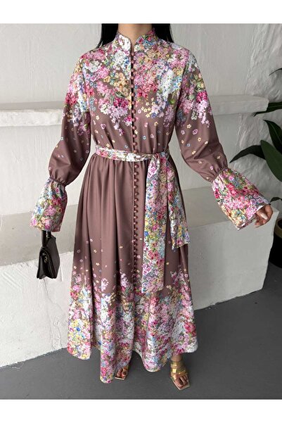 NEW JOURNAL Women's Mink Babel Fabric Mandarin Collar Belted Maxi Dress Jen26100