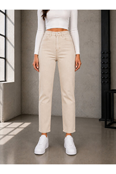 Tint Kadın Bej Yüksek Bel Likralı Trend Mom Jean