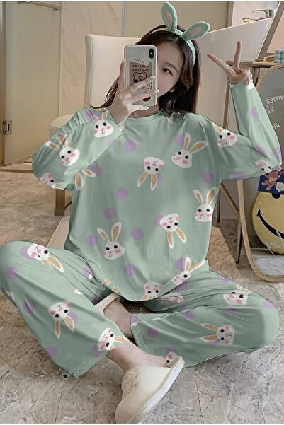 Zaya Homewear Uzun Kollu Pijama Takımı Yeşil Rabbit Basic Süprem