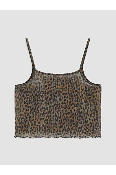 LC Waikiki Brown Square Neck Rope Strap Leopard Patterned Women's Beach Blouse