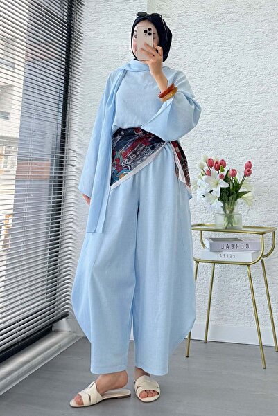 MELEK ARAZ Premium Shawl Collar Shalwar Cut Linen Trousers Set - Blue