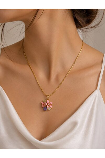 Gold Pembe Çiçek Bahçesi Kolye