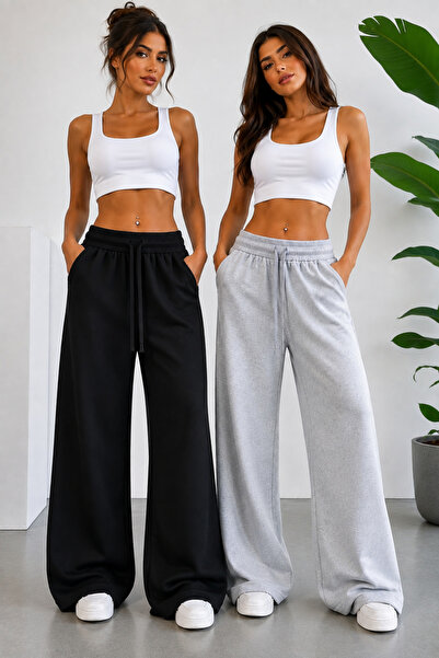 MNKSPORT 2 Pcs Sweatpants Plain Black Gray Wide Leg Comfortable Fit Sweatpant...