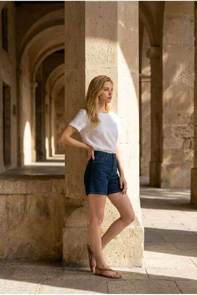 kleshus Melodi High Waist Navy Blue Straight Leg Lycra Women's Denim Shorts N...