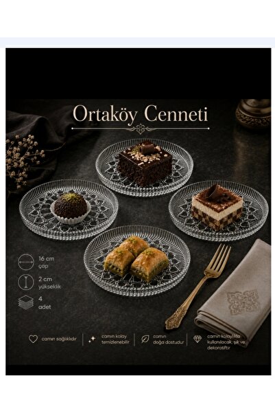 ORTAKÖYCENNETİ Dessert Cake Presentation Plate 4 Pieces Glass 16 cm Length 2 ...