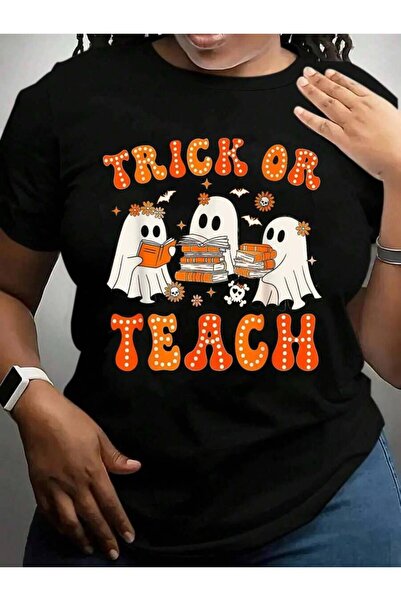 29CUN تي شيرت Teacher Trick Or Teach Retro Groovy Floral Ghost Halloween Blac...