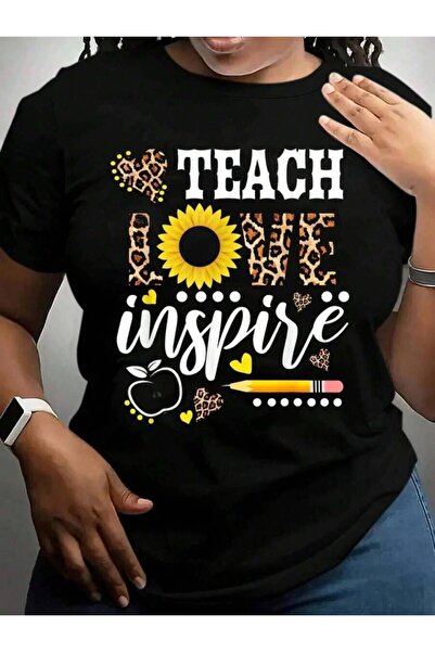 k222 تي شيرت برسومات سوداء مطبوع عليها عبارة "Teach Love Inspire Teacher Gift...