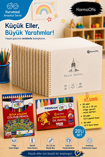 KarmaOfis Kurumsal Anaokul Resim Defteri 12’li Pastel ve 12’li Kuru Boya Seti...