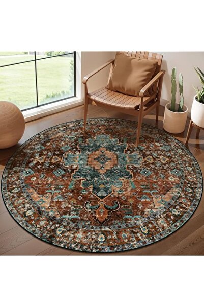 Generic Boho Round Rug, Washable Vintage Carpet, Non-Slip Low-Pile Indoor Rug...