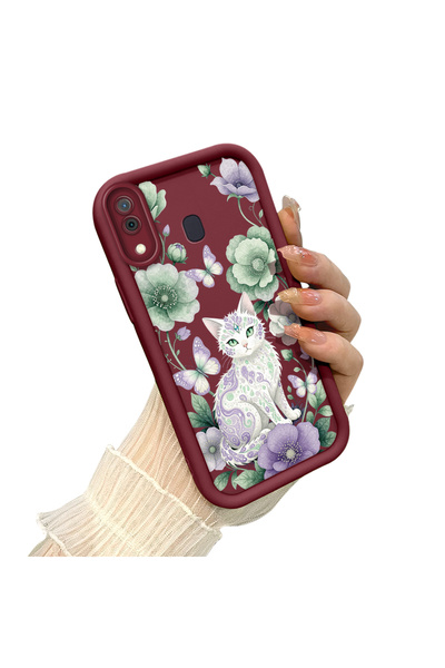Hontinga Samsung Galaxy A30 Compatible Case Camera Protective Case with Cat Design Burgundy Dear Couple Silicone Phone Case