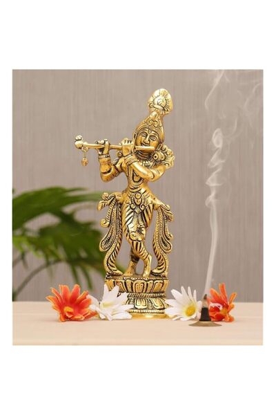 Generic Lord Krishna Brass Idol – Flute-Playing Krishna Murti for Temple Pooj...