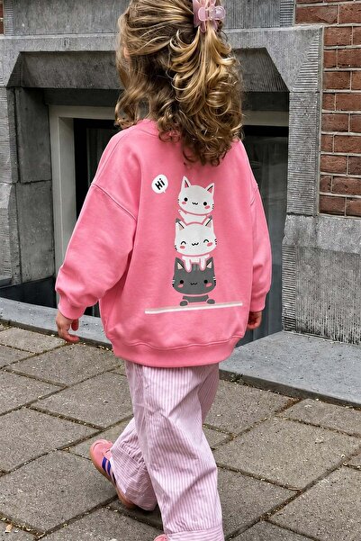 Monila Unisex Kids' 3 Thread Fabric Cotton Sweatshirt with Cat Print on the Back