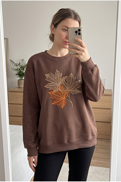 FEMELLE Brown 100% Cotton Bead Embroidered Sweatshirt with Leaf Pattern