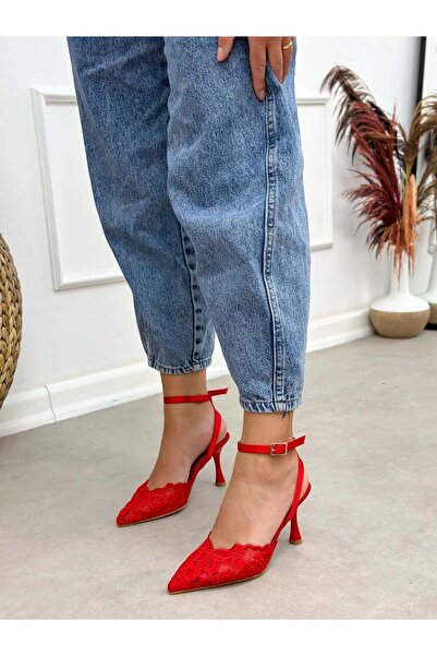ERVANIN BUTİĞİ Red Lace (Vusuel) Women's Stiletto with Embroidered Back Strap...