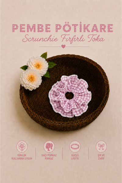 Hophera Gingham Ruffle Scrunchie Hair Clip with Strong Elastic