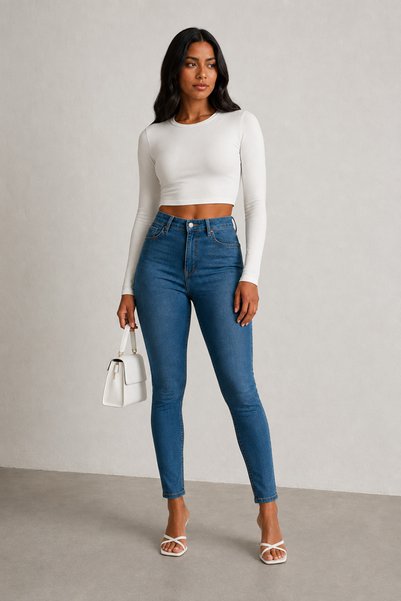 SHEVEGA Mavi Kadın Rahat Kalıp Esnek Likralı Slim Fit Dar Paça Denim Pantolon