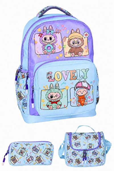 Çantaland 3-Piece Primary School Labubu Printed Lilac, Girl's School Bag with...